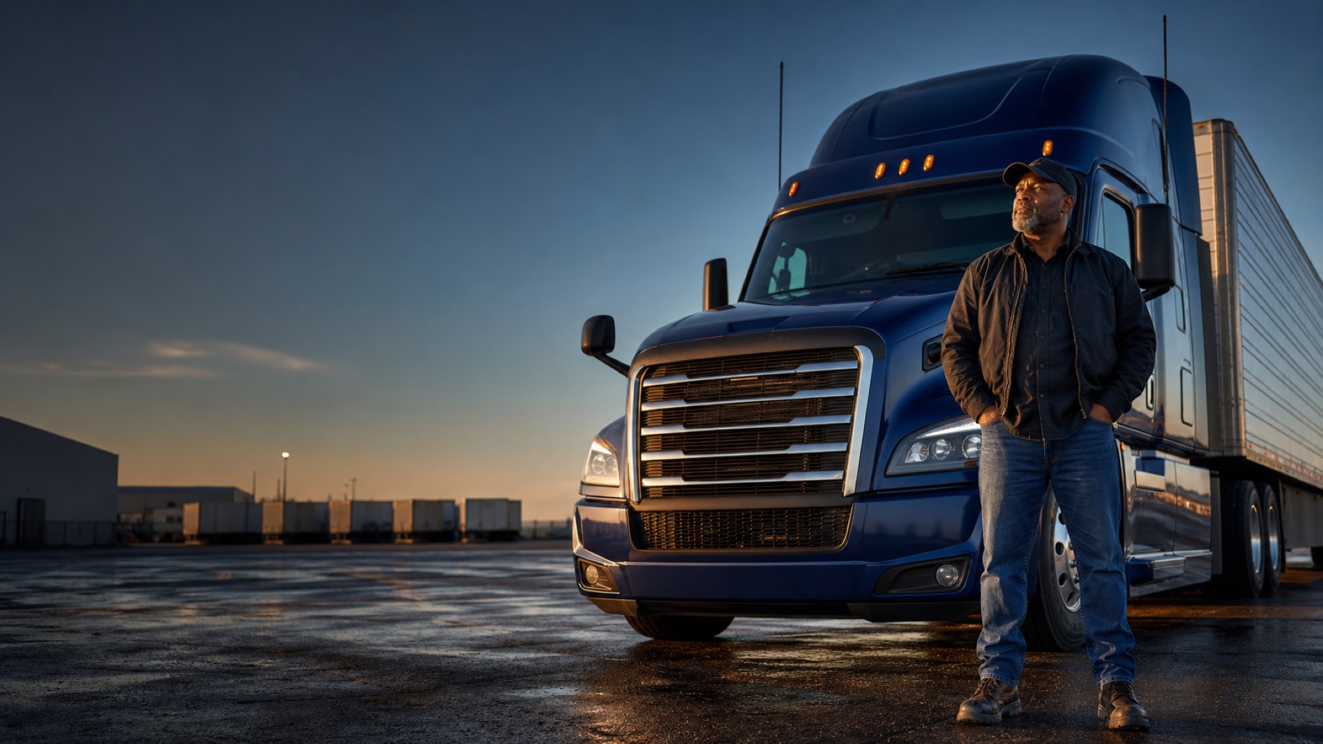 Owner-operator standing beside his semi truck at sunrise
